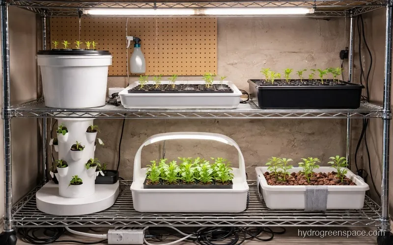 Six hydroponic system types arranged on a wire metro shelf including DWC, NFT, ebb and flow, drip, aeroponics, and Kratky setups