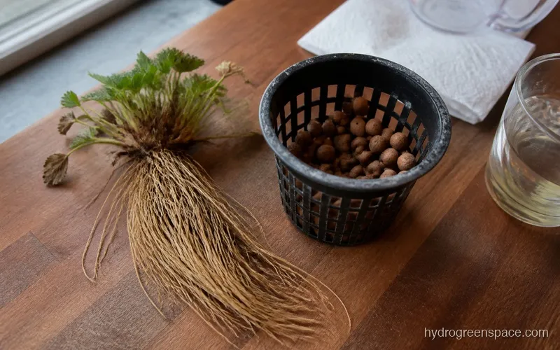 A bare-root strawberry crown with exposed roots laid next to a clay-pebble-filled net pot on a kitchen counter