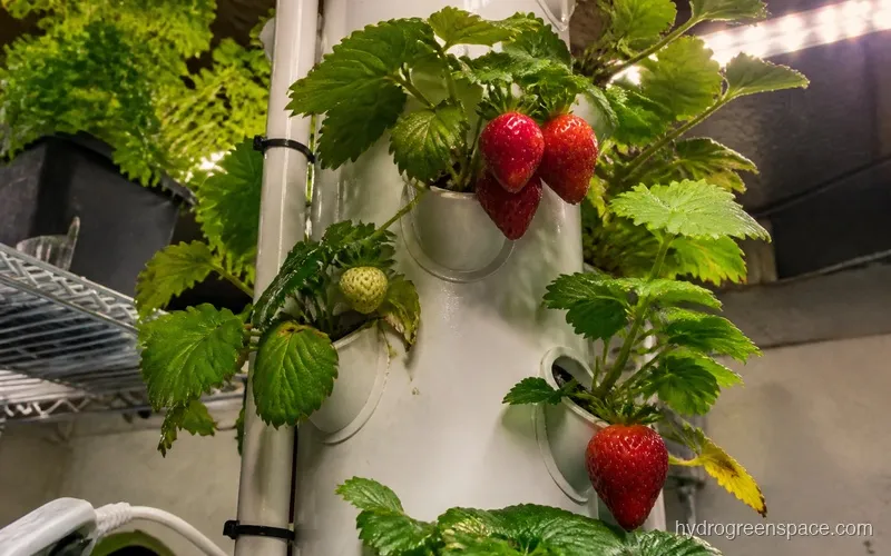 Ripe red hydroponic strawberries ready to harvest on a plant in a white vertical tower system under grow lights