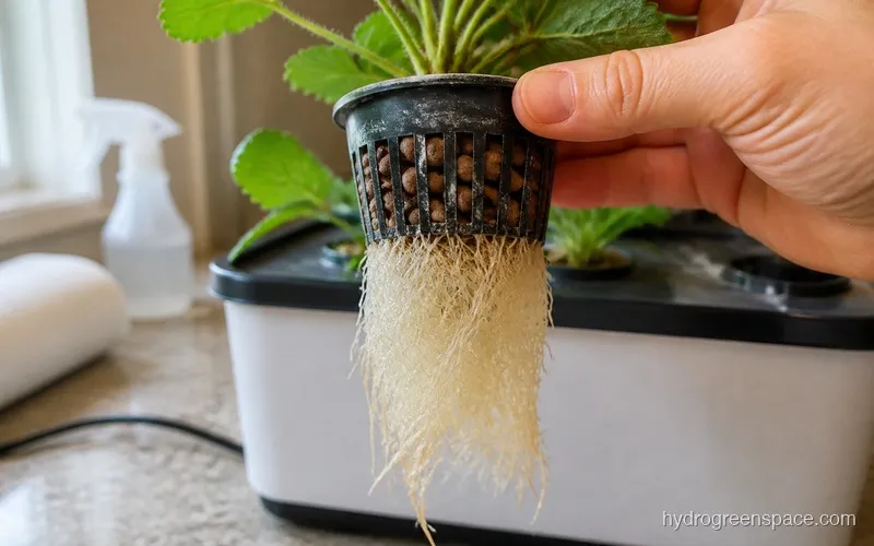 Dense white fibrous roots hanging below a net pot held by hand, with a white hydroponic reservoir in soft focus behind