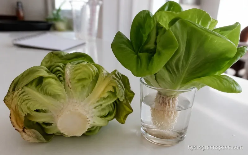 Side-by-side comparison of cut hydroponic lettuce head and root-on living lettuce plant in a glass of water