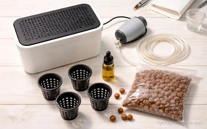 Flat lay of beginner hydroponic components including a reservoir, air pump, net pots, pH drops, and a small bag of hydroton