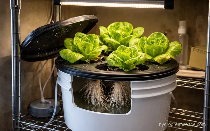 Four lettuce heads growing in a DWC bucket system under an LED grow light, roots visible in the reservoir