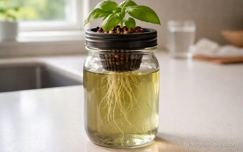 Mason jar Kratky setup with net pot lid and visible roots below the waterline