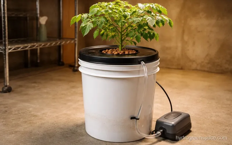 
5-gallon bucket deep water culture system with lid propped to show air stone, white roots, and clear tubing inside
