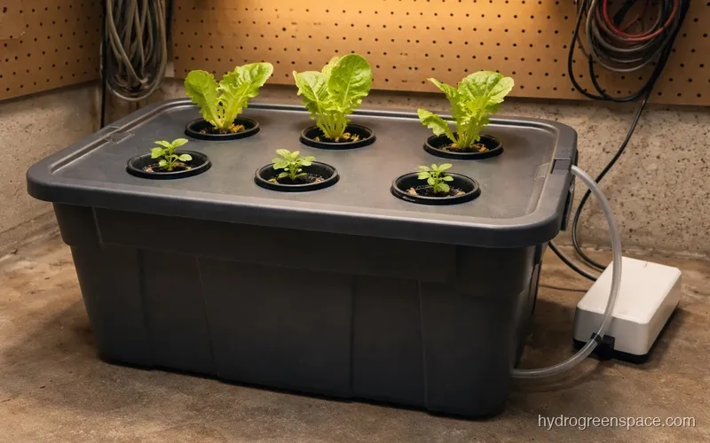 Large tote DWC system with multiple net pot sites visible and seedlings at different growth stages