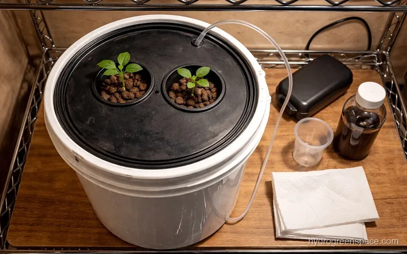 Overhead view of a compact DWC bucket setup on a kitchen shelf with net pots and an air pump tube visible