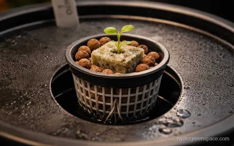 Close-up of a net pot with rockwool cube and small seedling sitting in a DWC bucket lid, roots just visible through the mesh
