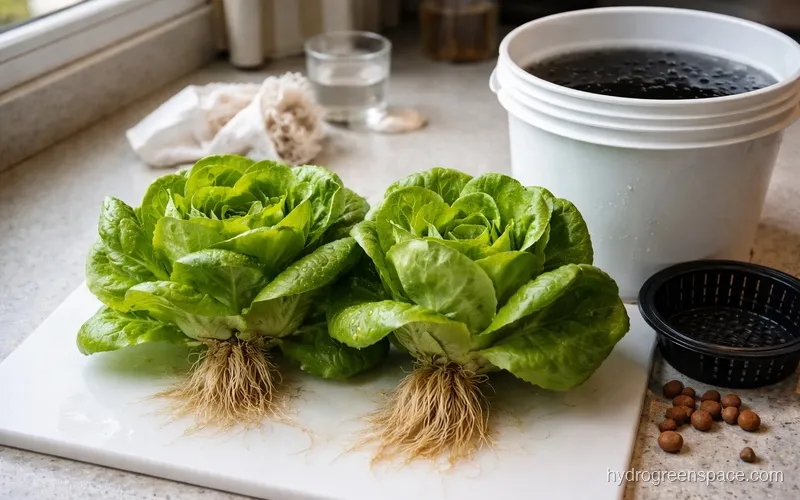 Freshly harvested lettuce heads next to a small DWC bucket system showing the full grow cycle result