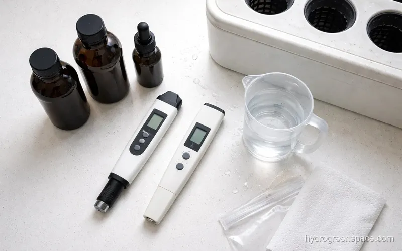 EC meter, pH meter, and three-bottle nutrient set laid out next to a measuring cup and reservoir
