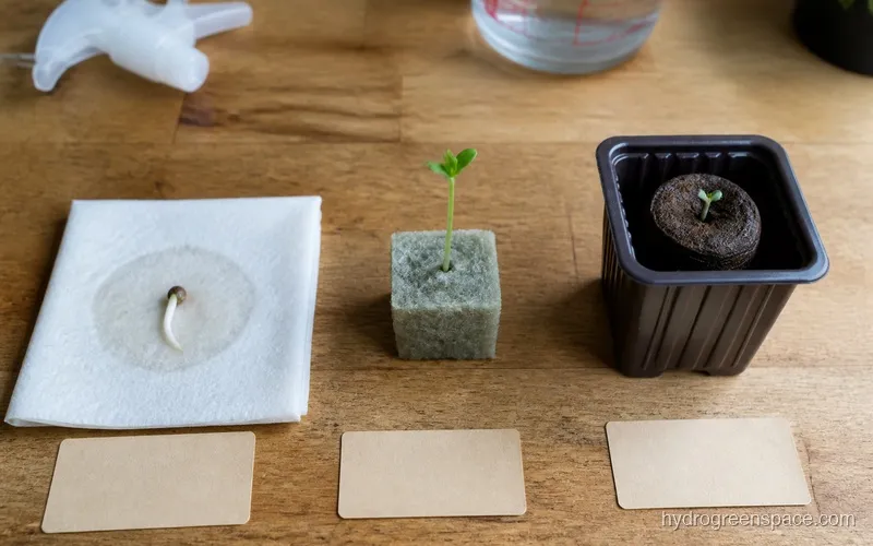Three germination methods side by side on a wooden counter
