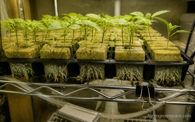 Rockwool cube tray with white roots emerging from the bottom, ready for transplant