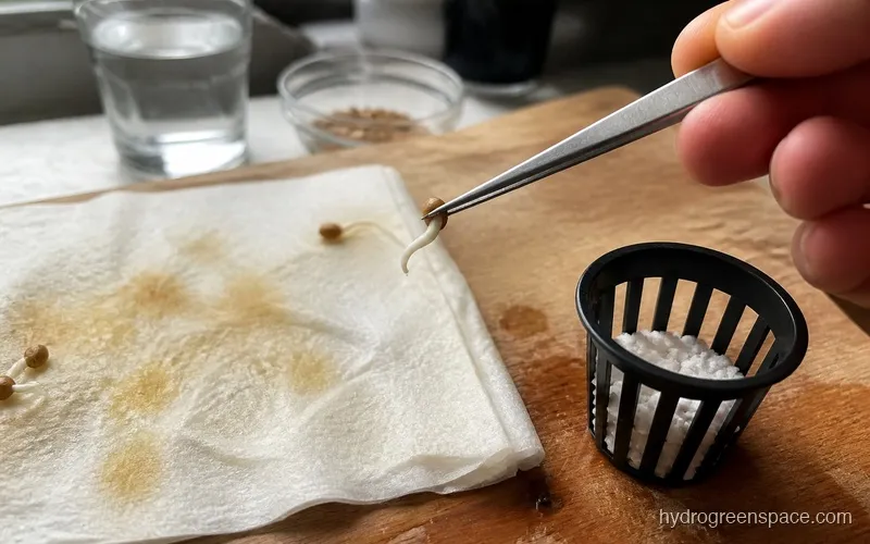 Hand using tweezers to transfer a germinated seed with a visible radicle from a paper towel into a small net pot