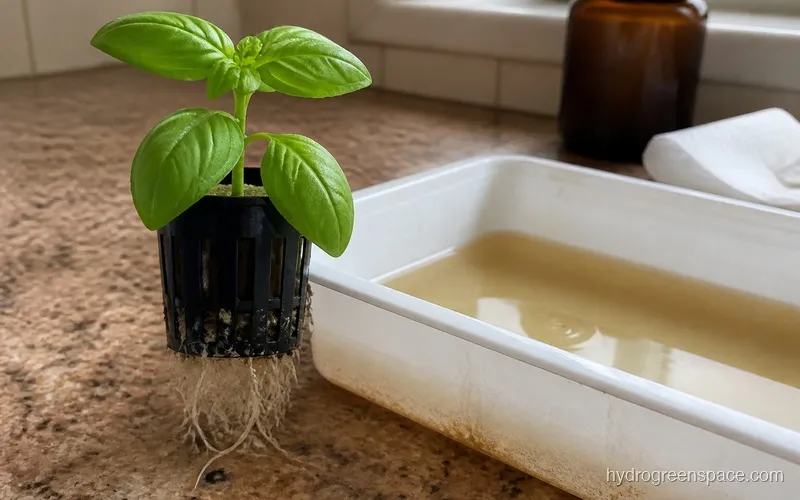 A net pot with a young seedling showing roots growing downward, next to a shallow reservoir filled with nutrient solution
