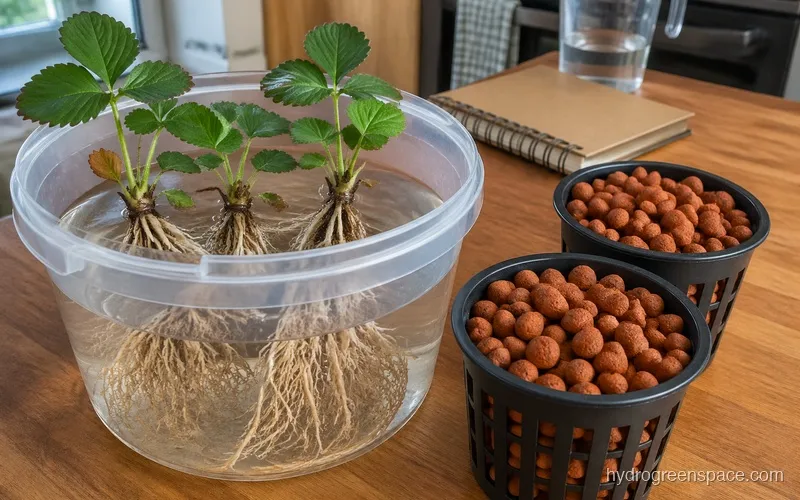 Bare-root strawberry plants soaking in a bucket of water next to net pots filled with clay pebbles