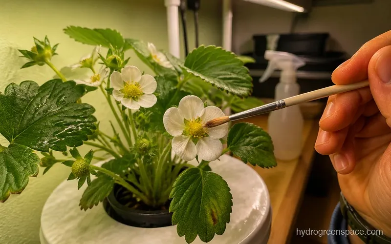 Person using a small paintbrush to pollinate an open strawberry flower on a plant in a hydroponic net pot