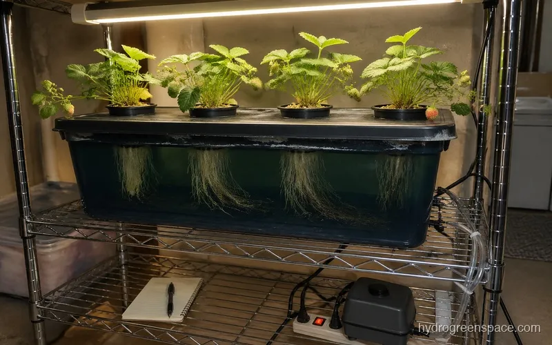 Home DWC hydroponic strawberry system showing net pots with growing plants over a dark reservoir, with air pump tubing and roots visible in nutrient solution