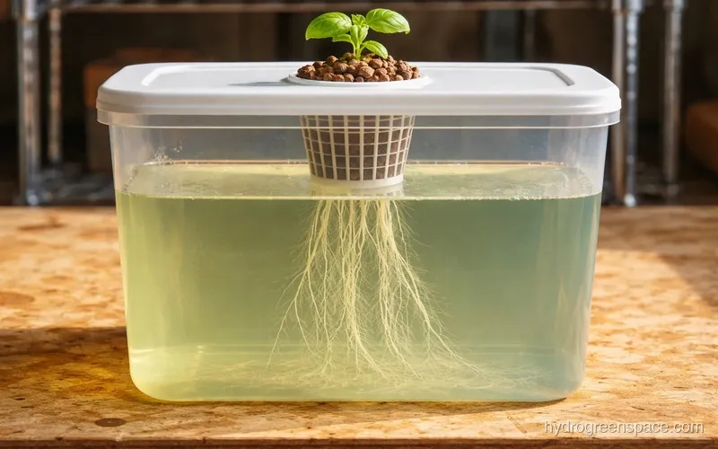Cross-section of a Kratky container showing net pot, air gap, and submerged roots