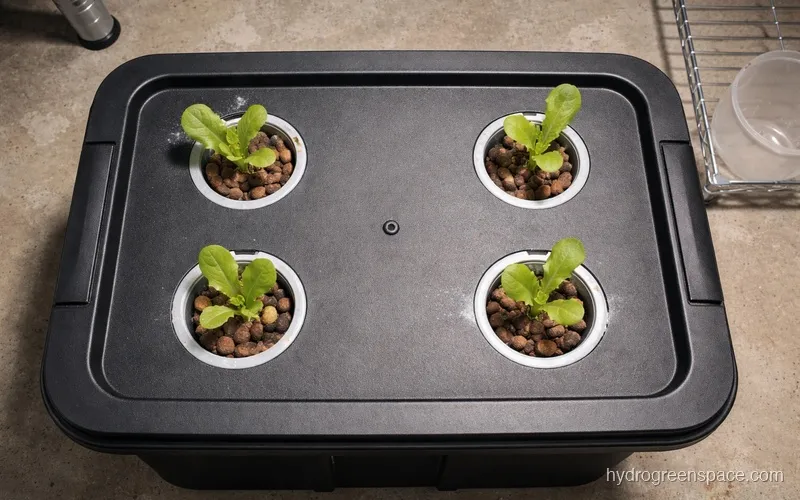Top-down view of a storage tote lid with multiple net pots holding lettuce seedlings