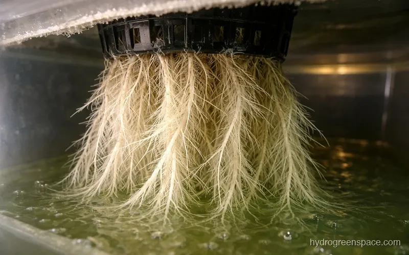 Close-up of white healthy roots hanging below a net pot in a Kratky container