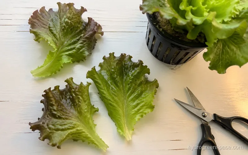 Close-up of a hydroponic lettuce plant showing outer leaves being clipped at the stem base with the center crown clearly visible and intact