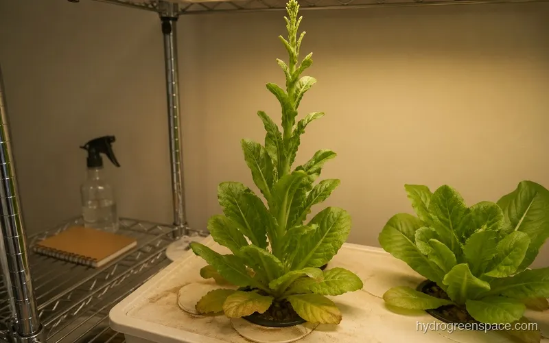 Hydroponic lettuce plant beginning to bolt showing an elongated center stalk extending above the leaf canopy