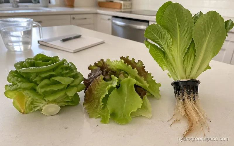 Three hydroponic lettuce types side by side: a cut head, loose leaves, and a roots-intact plant in a net pot