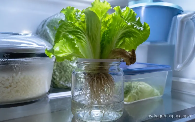 Hydroponic lettuce plant standing upright with roots in a glass jar of water inside a refrigerator
