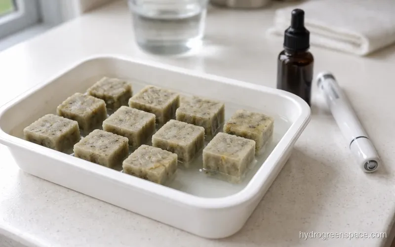 Rockwool starter cubes soaking in a tray next to a pH pen and a bottle of pH down solution