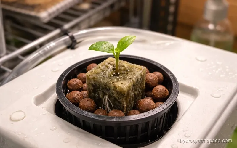 A rockwool seedling cube nestled into a black net pot with clay pebbles, roots emerging from the cube bottom