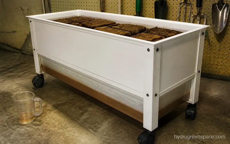 Emsco Hydropickers grow box on casters showing reservoir tray and coconut coir blocks