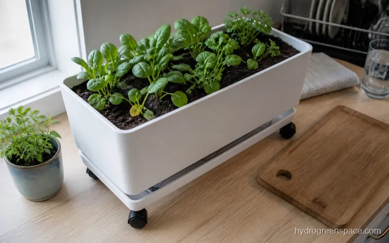 Hydropickers grow box on a kitchen counter showing its compact footprint next to everyday items