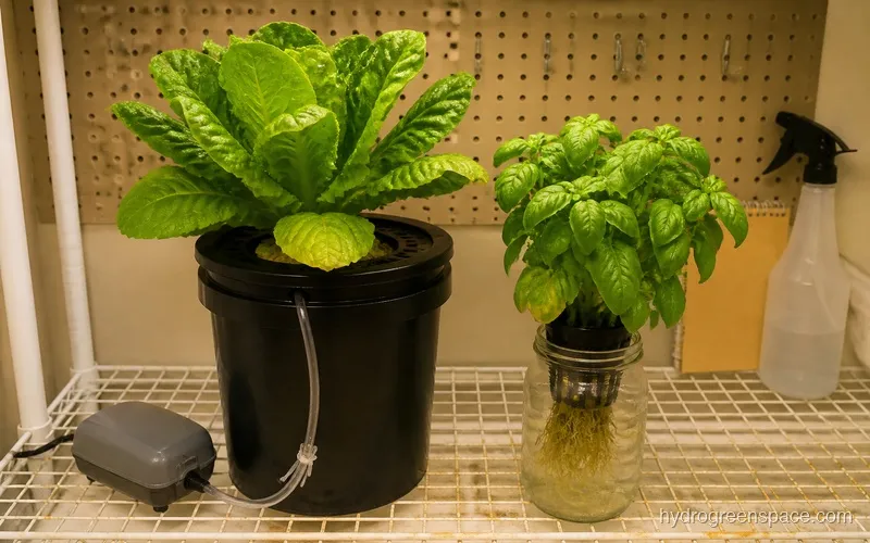 DWC bucket with air stone next to a Kratky mason jar setup, both growing leafy greens on a shelving unit
