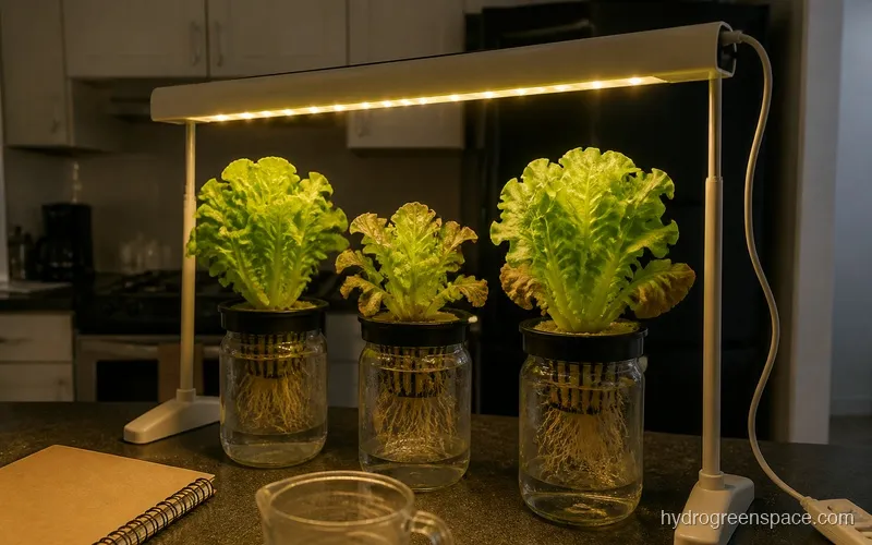 Grow light bar mounted above three Kratky jars in an apartment kitchen with no window, showing grow-light color cast