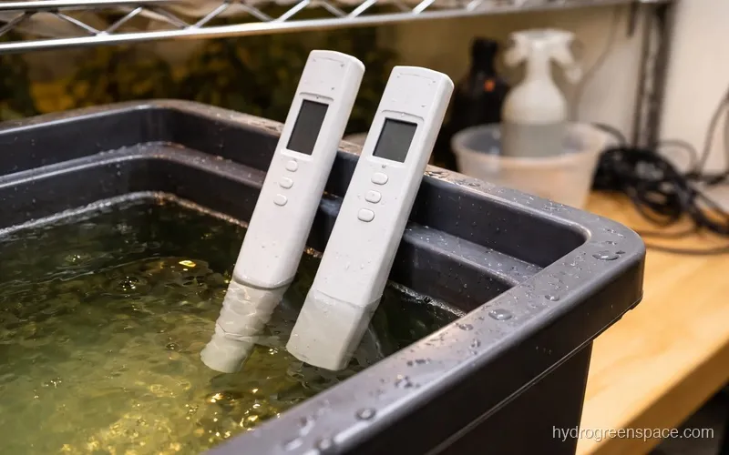 pH meter and EC meter resting on the rim of a nutrient-filled reservoir