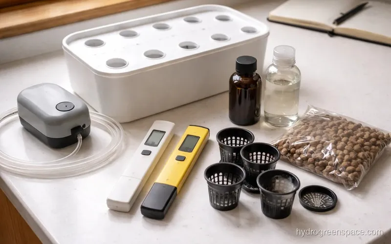 Full beginner hydroponic starter kit laid out on a countertop including reservoir, nutrients, pH meter, EC meter, and net pots