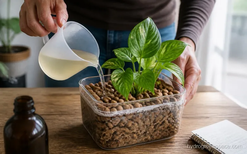 Person pouring mixed nutrient solution from a measuring cup into a clear LECA reservoir container with a visible plant