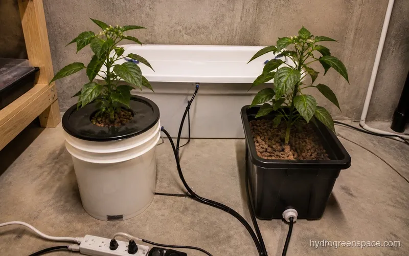 DWC bucket system and Dutch Bucket system side by side with pepper plants in both