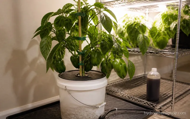 Pepper plant staked with bamboo cane and soft ties inside a DWC bucket showing fruit-laden branches being supported