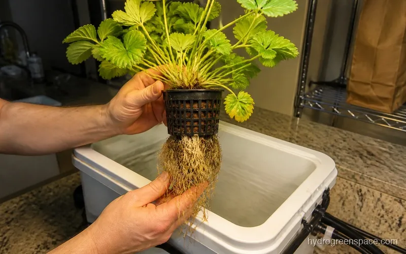Hands removing a hydroponic strawberry plant from a net pot to inspect the crown and root system for disease signs