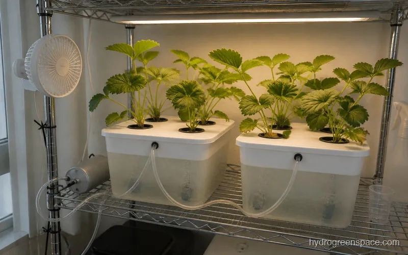Organized hydroponic growing area with wire shelving, two reservoirs with air stones, a circulation fan near the canopy, and strawberry plants