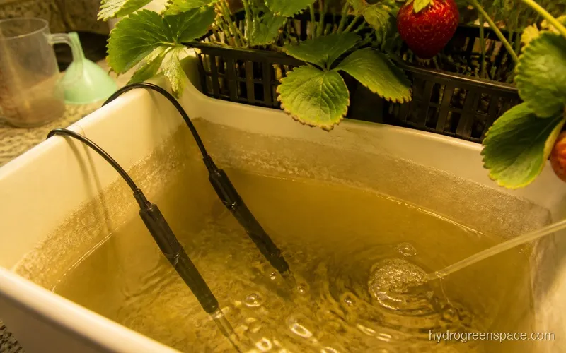 EC and pH meter probes submerged in a hydroponic strawberry reservoir with strawberry plants visible above