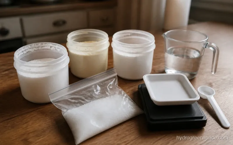 Three labeled containers of MasterBlend, calcium nitrate, and Epsom salt on a work surface next to a small scale