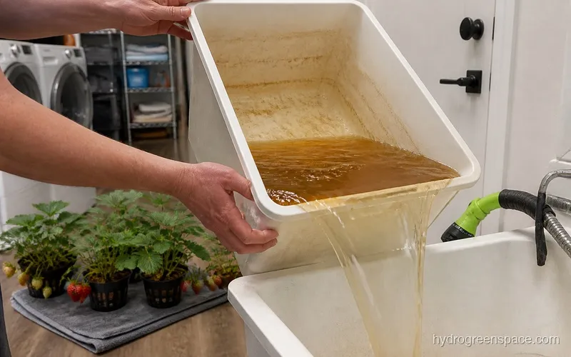 Person draining and rinsing a hydroponic reservoir with strawberry plants set aside nearby