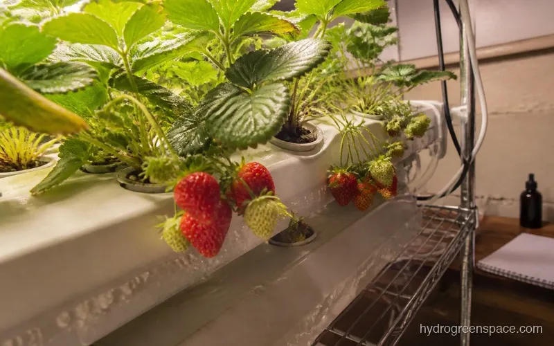 Hydroponic strawberry plants in an NFT channel with ripe red berries at multiple stages of ripeness
