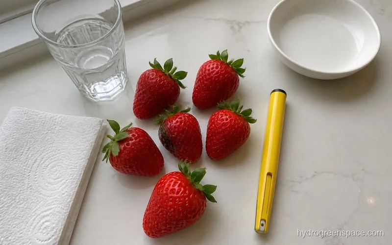 Ripe hydroponic strawberries beside a TDS meter on a white counter in natural daylight