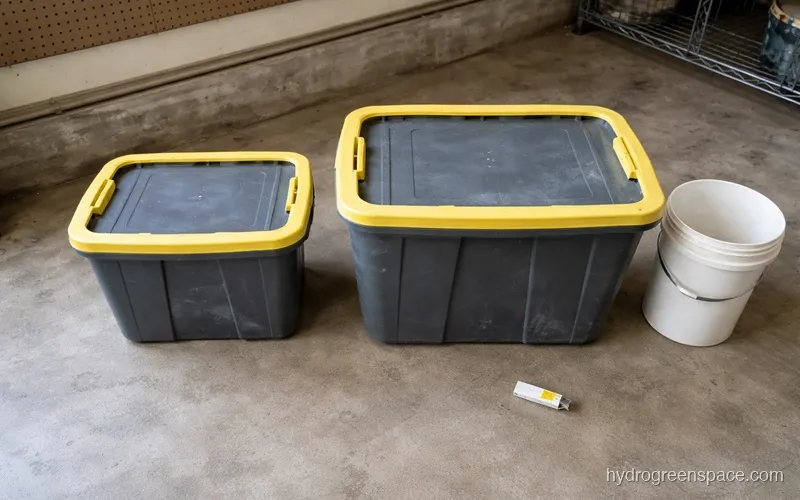 Overhead view of a 17-gallon and 27-gallon storage tote side by side with a 5-gallon bucket for scale