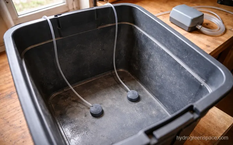 Inside of a storage tote showing air stones positioned on the bottom with tubing running to the lid edge