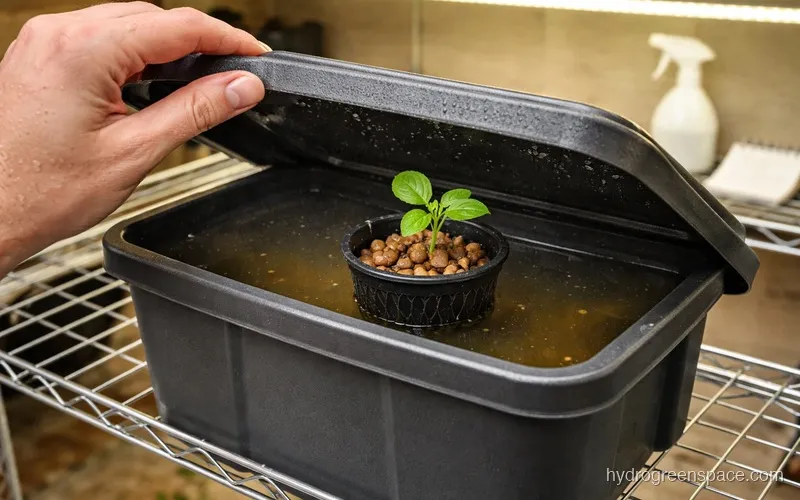 Hand checking the water level in a hydroponic tote with a net pot visible in the lid