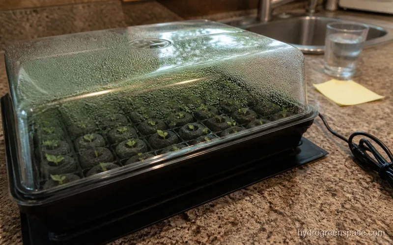Seedling propagation tray covered by a clear humidity dome with a heat mat underneath, showing several small sprouted seedlings